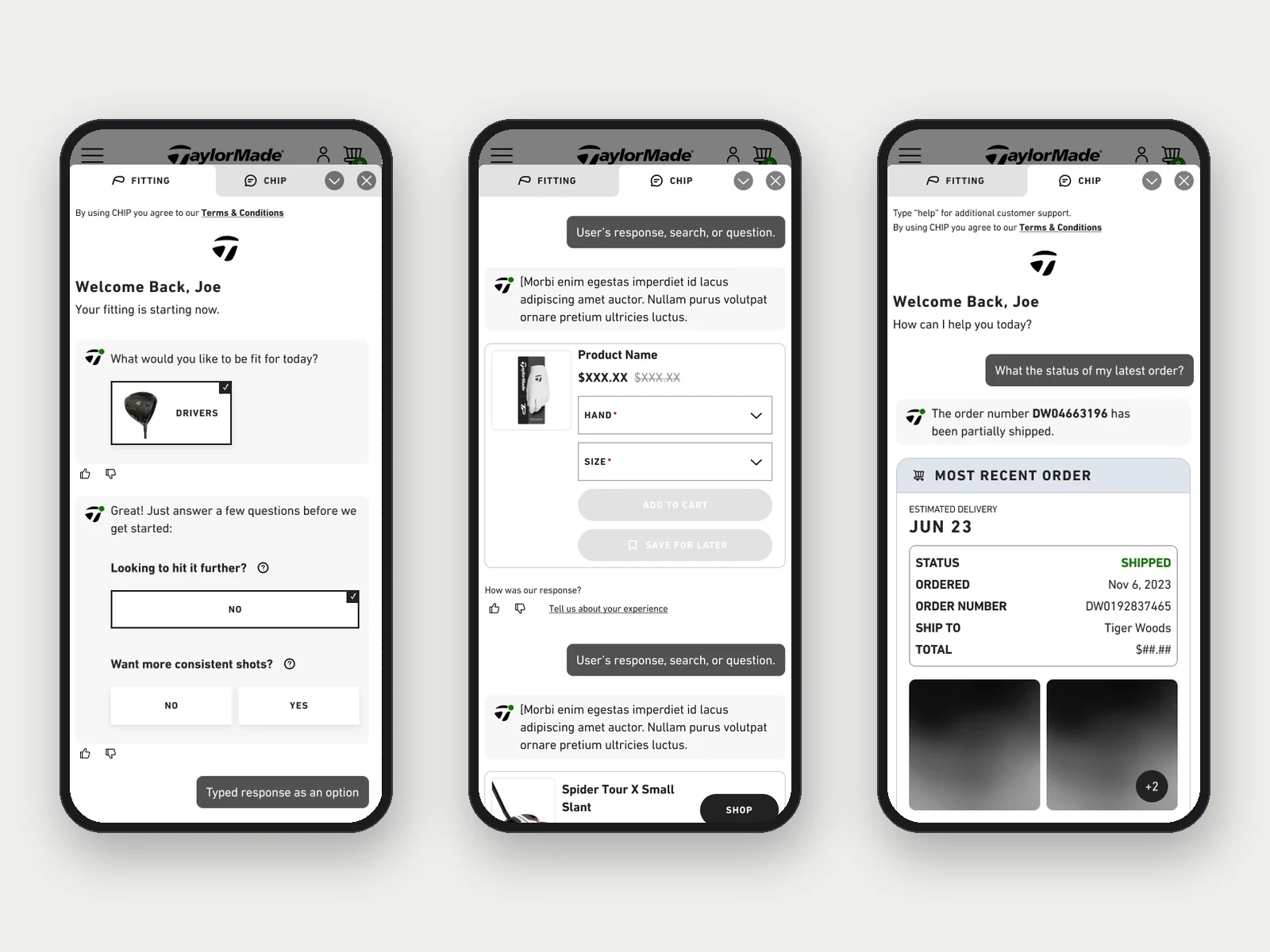Chip — TaylorMade's AI fitting and shopping assistant, shown across fitting, shopping, and search screens