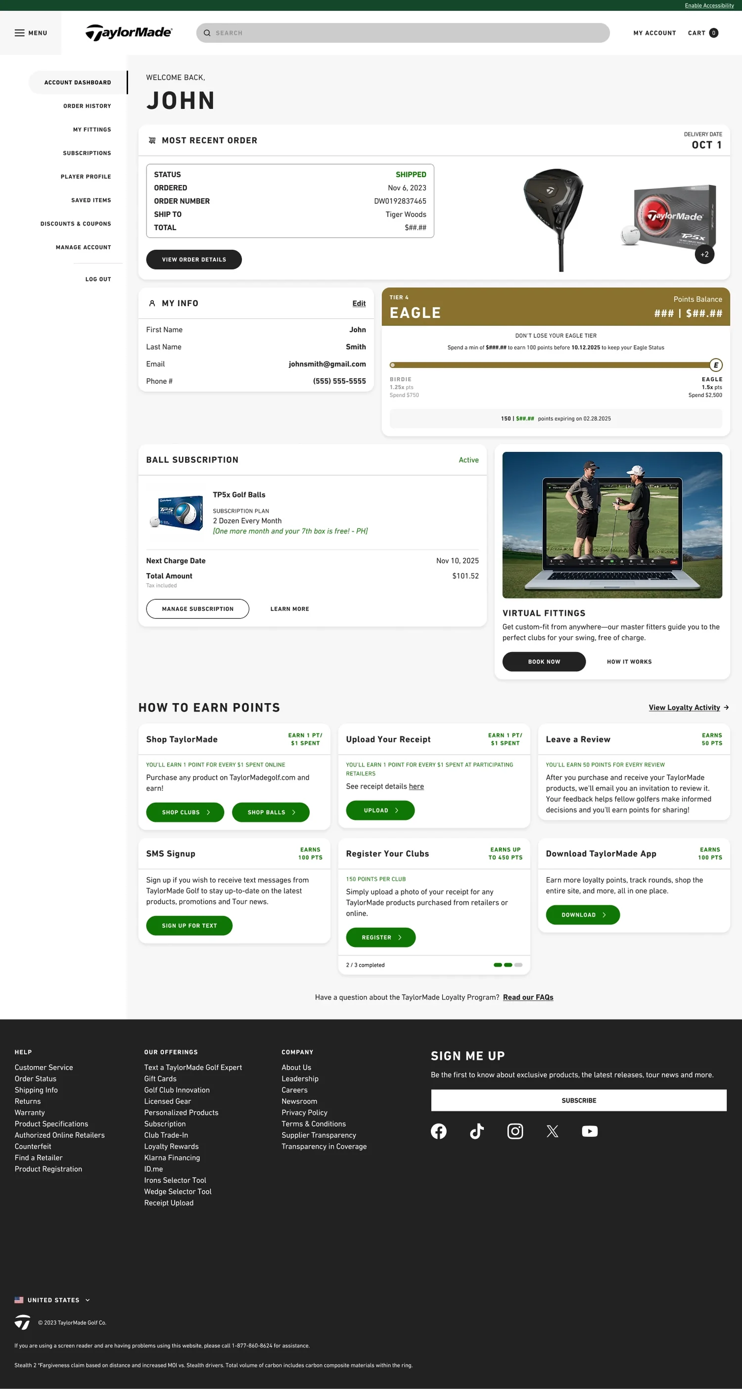 Account Dashboard — desktop, with recent order, loyalty tier, recommendations, and ways to earn points