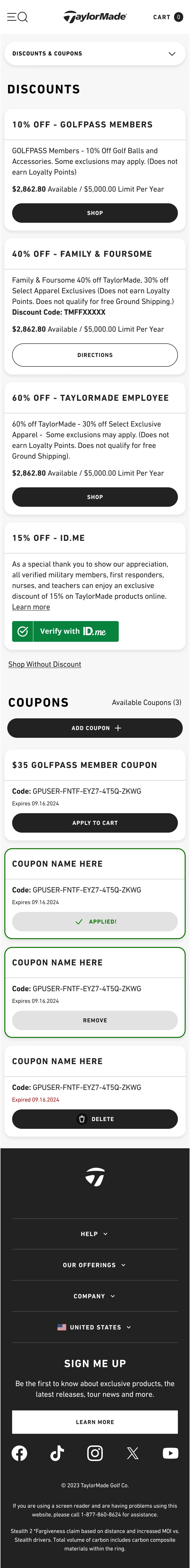 Discounts and Coupons — available discounts, active coupons, and ID.me verification