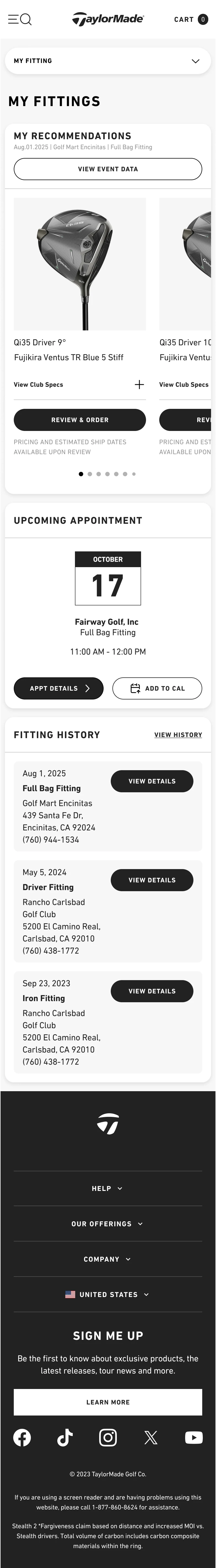 My Fittings — recommendations carousel, upcoming appointment, and fitting history