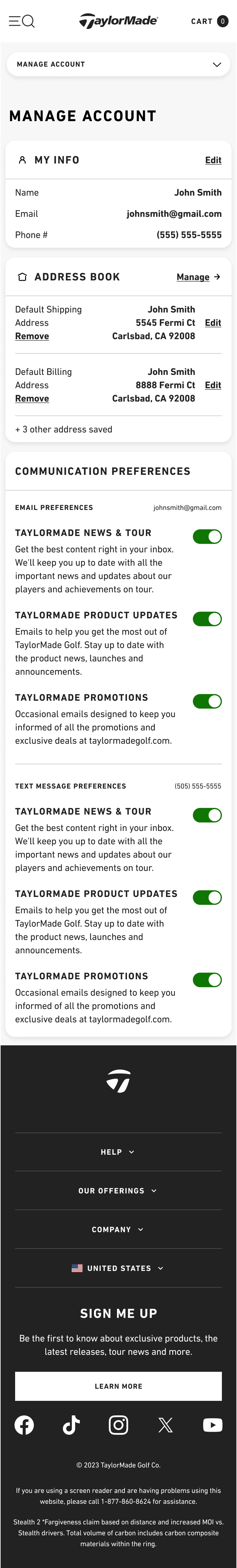 Manage Account — personal info, login information, and communication preferences