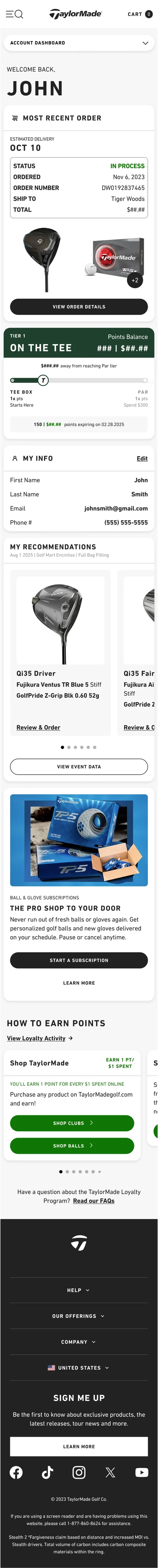 Account Dashboard — personalized overview with recent order, loyalty tier, and recommendations