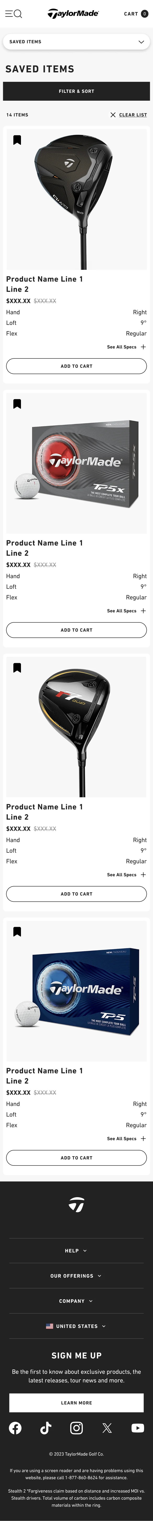 Saved for Later — saved items list with specs and add-to-cart