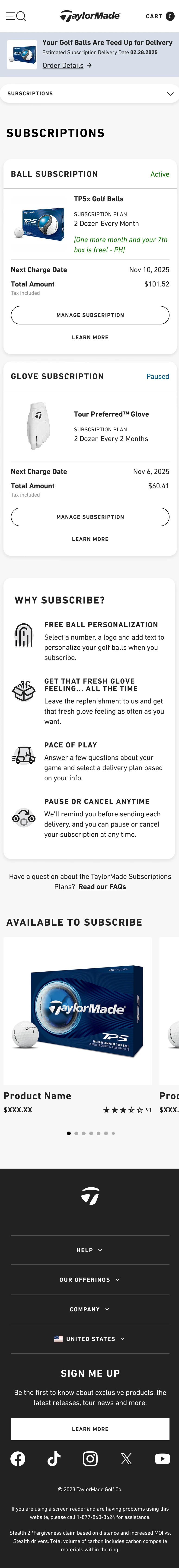 Subscriptions — active subscriptions with frequency, pause, and cancel controls