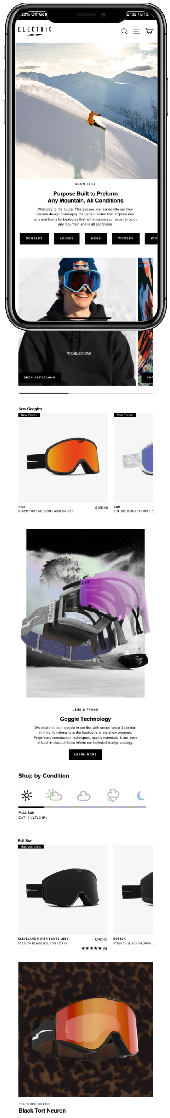 Electric Snow 23/24 landing page — mobile
