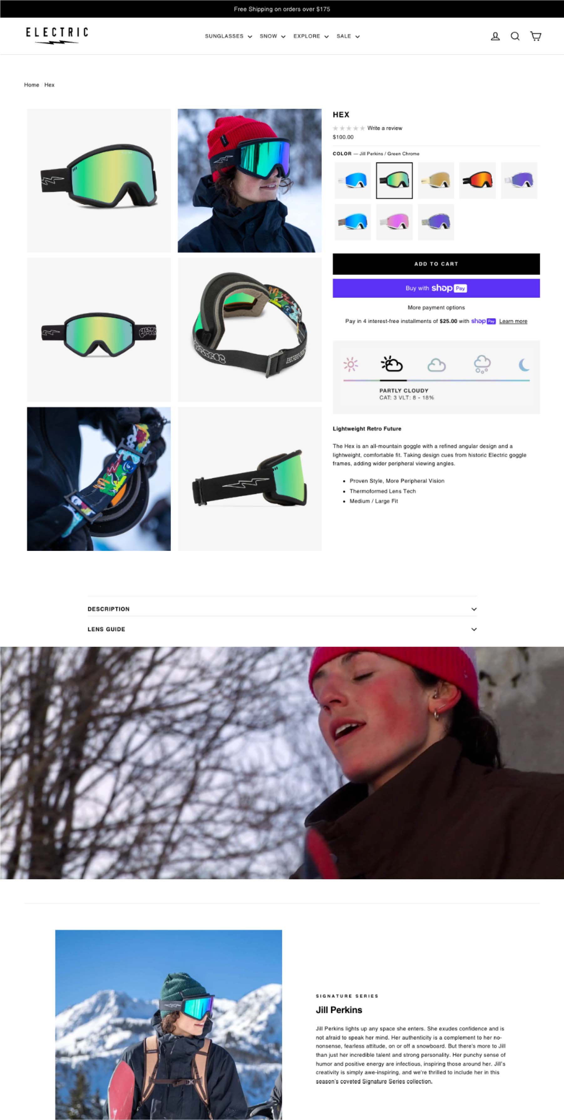 Electric Hex goggle product detail page — desktop