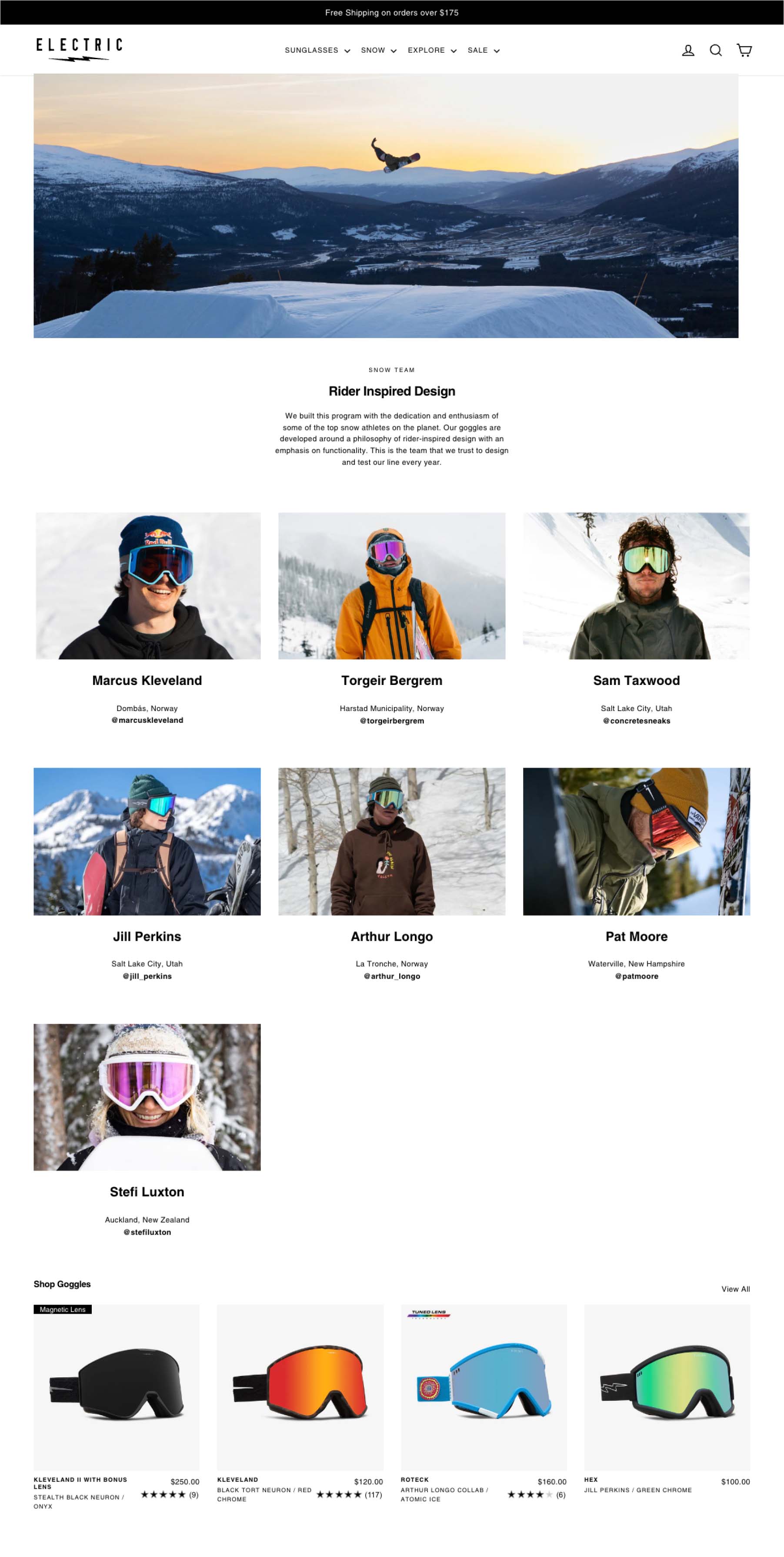 Electric snow team page — desktop