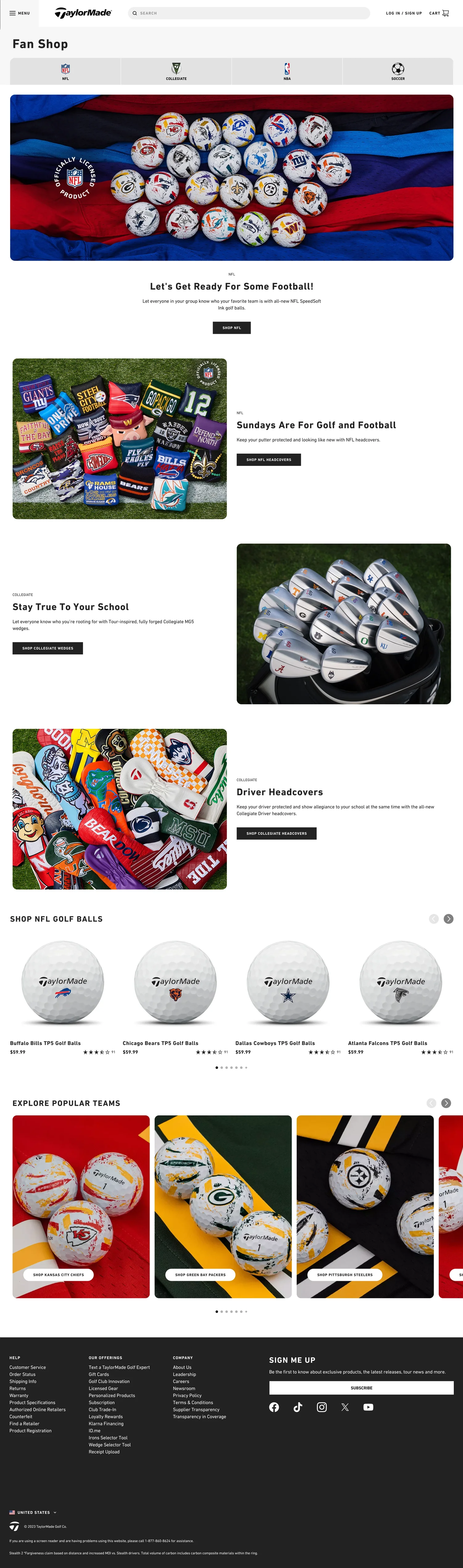 Fan Shop landing page — desktop, with league tabs, editorial modules, and team carousels
