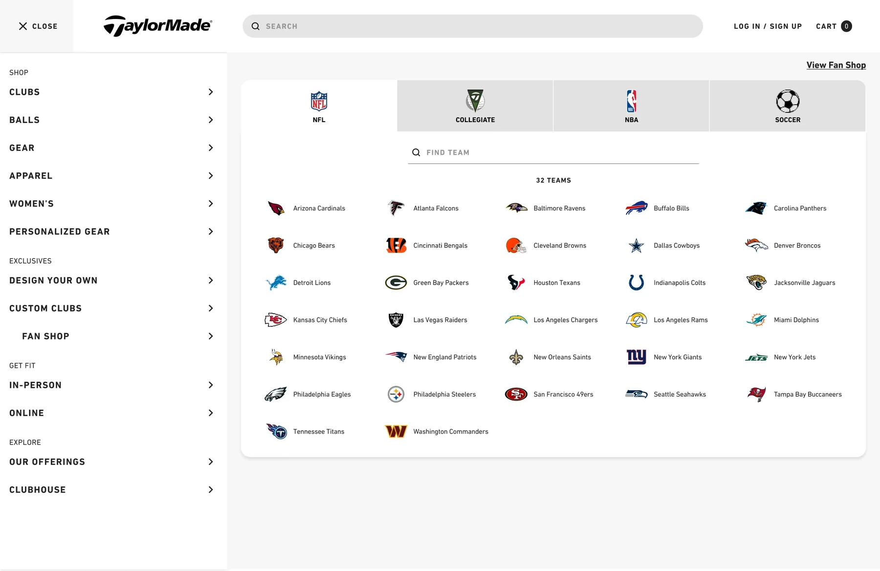 Fan Shop team menu — desktop, with league tabs and team grid