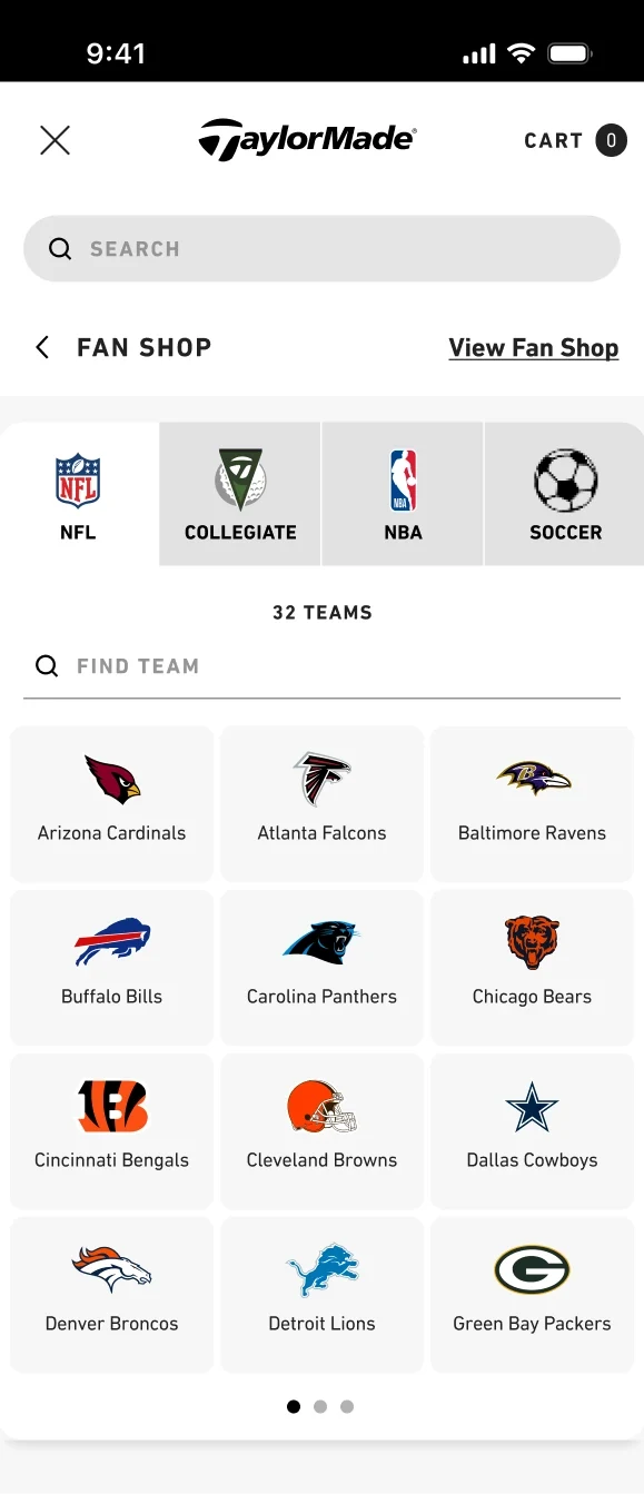 Fan Shop team menu — mobile, with league tabs and team grid