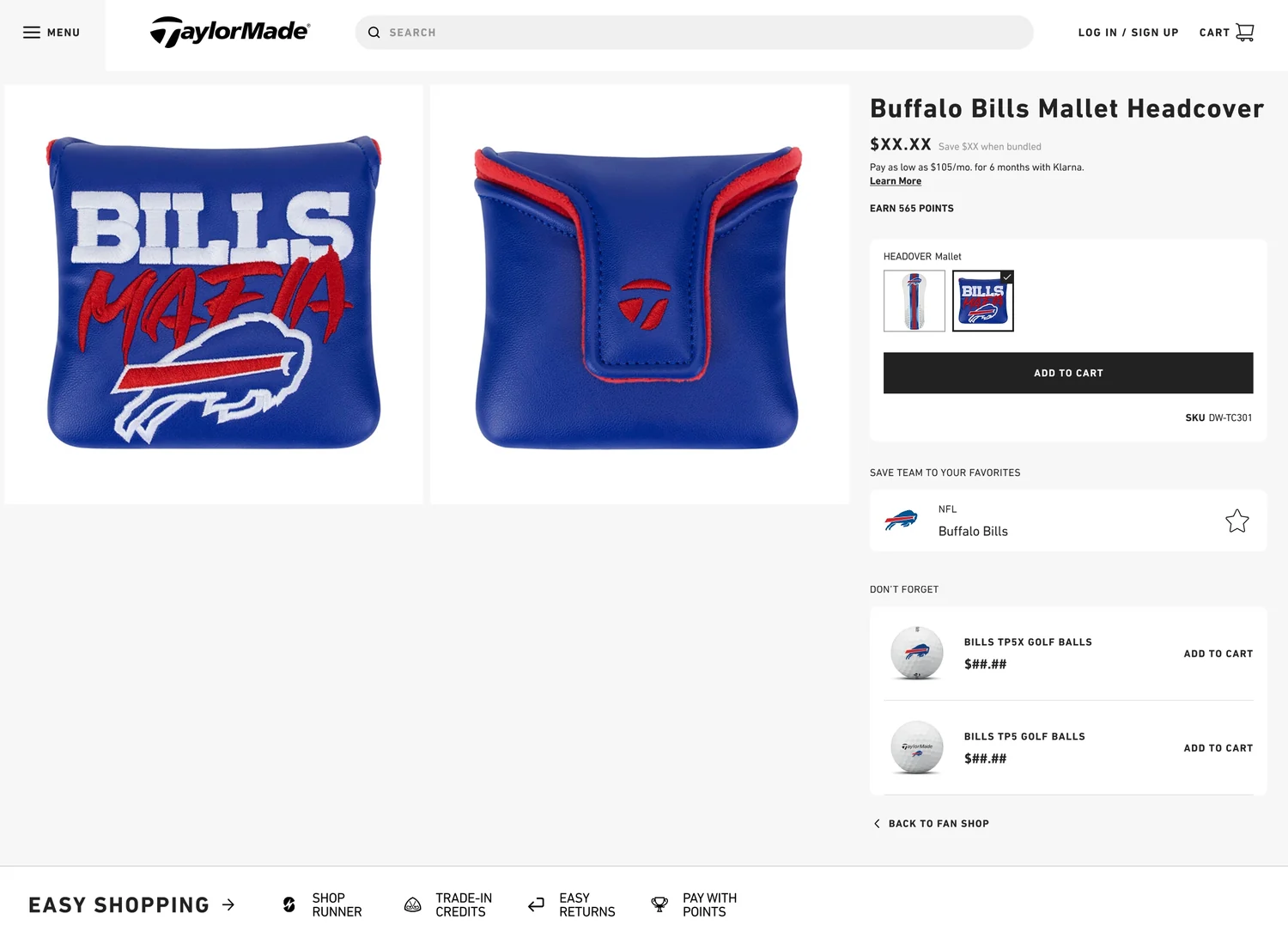 Team headcover PDP — desktop, with Save Team to Favorites, Don't Forget cross-sell, and Back to Fan Shop