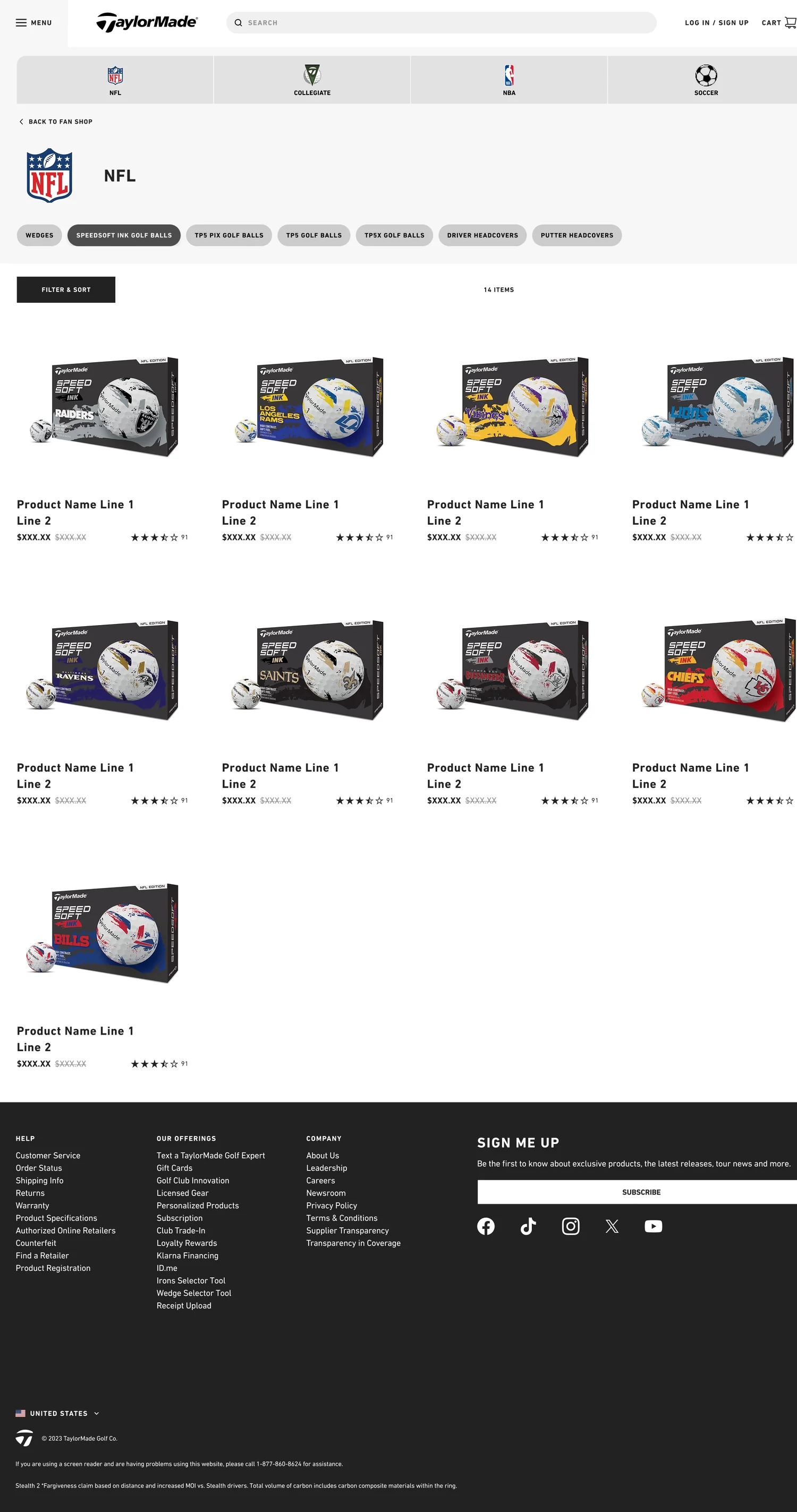 NFL league PLP — desktop, with category filter pills and product grid