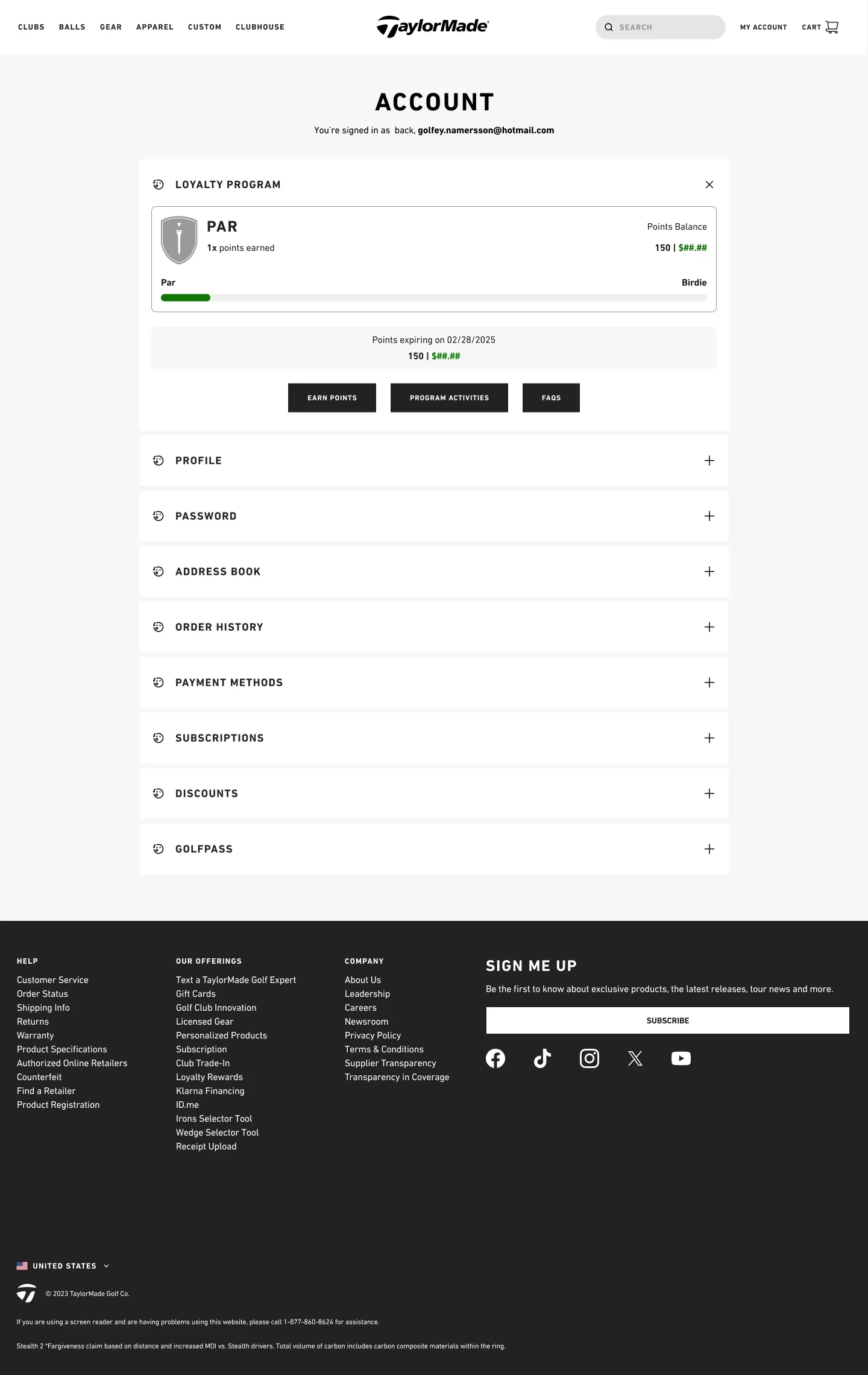 The old My Account page — desktop, an accordion of settings with no personalization
